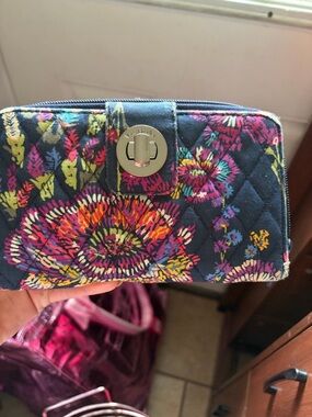 Vera Bradley Navy Quilted Floral Zip Wallet with Multicolor Blooms